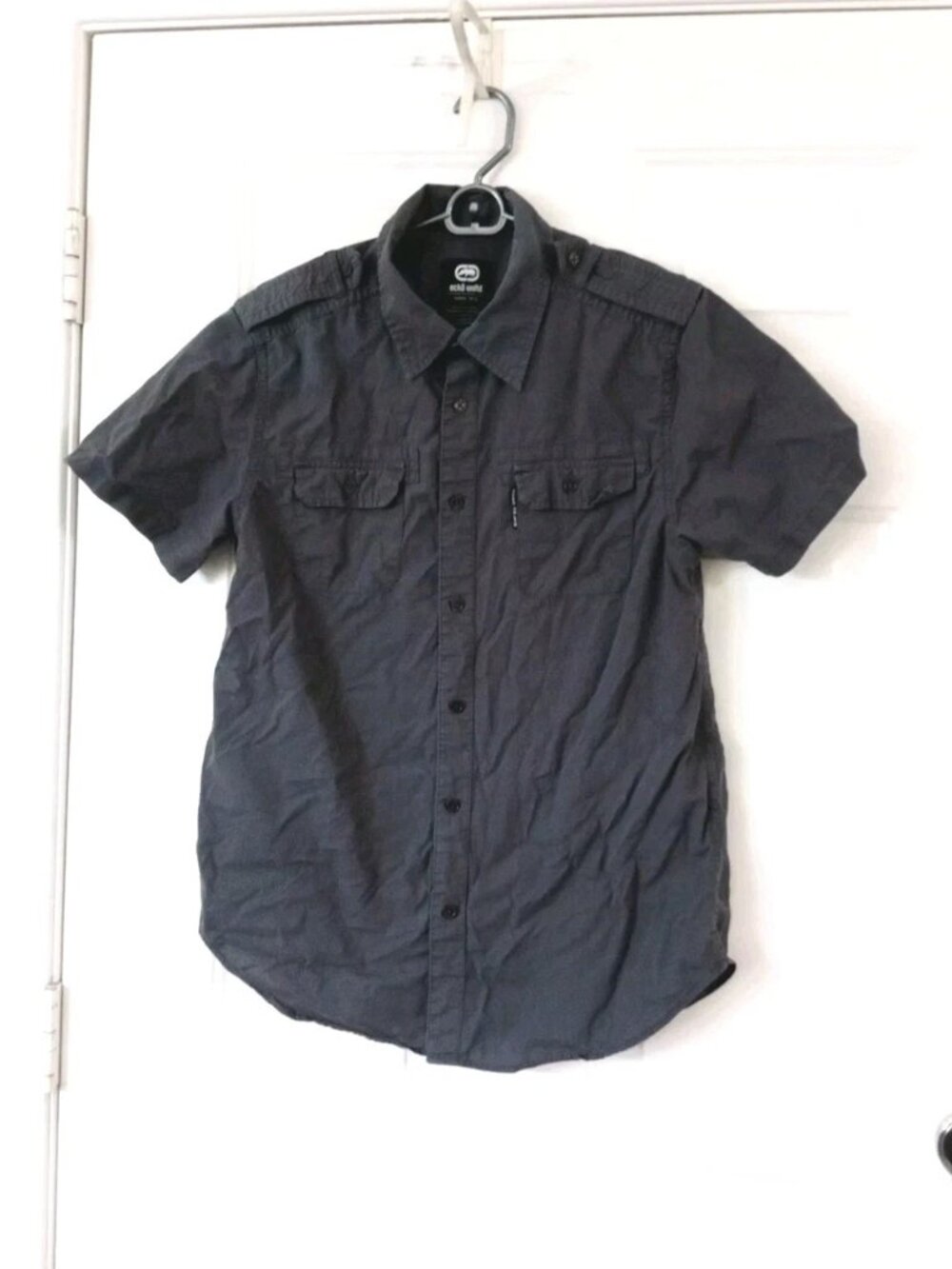 Ecko Unltd Men's Medium Short Sleeve Button Down Shirt Gray Cotton Pockets